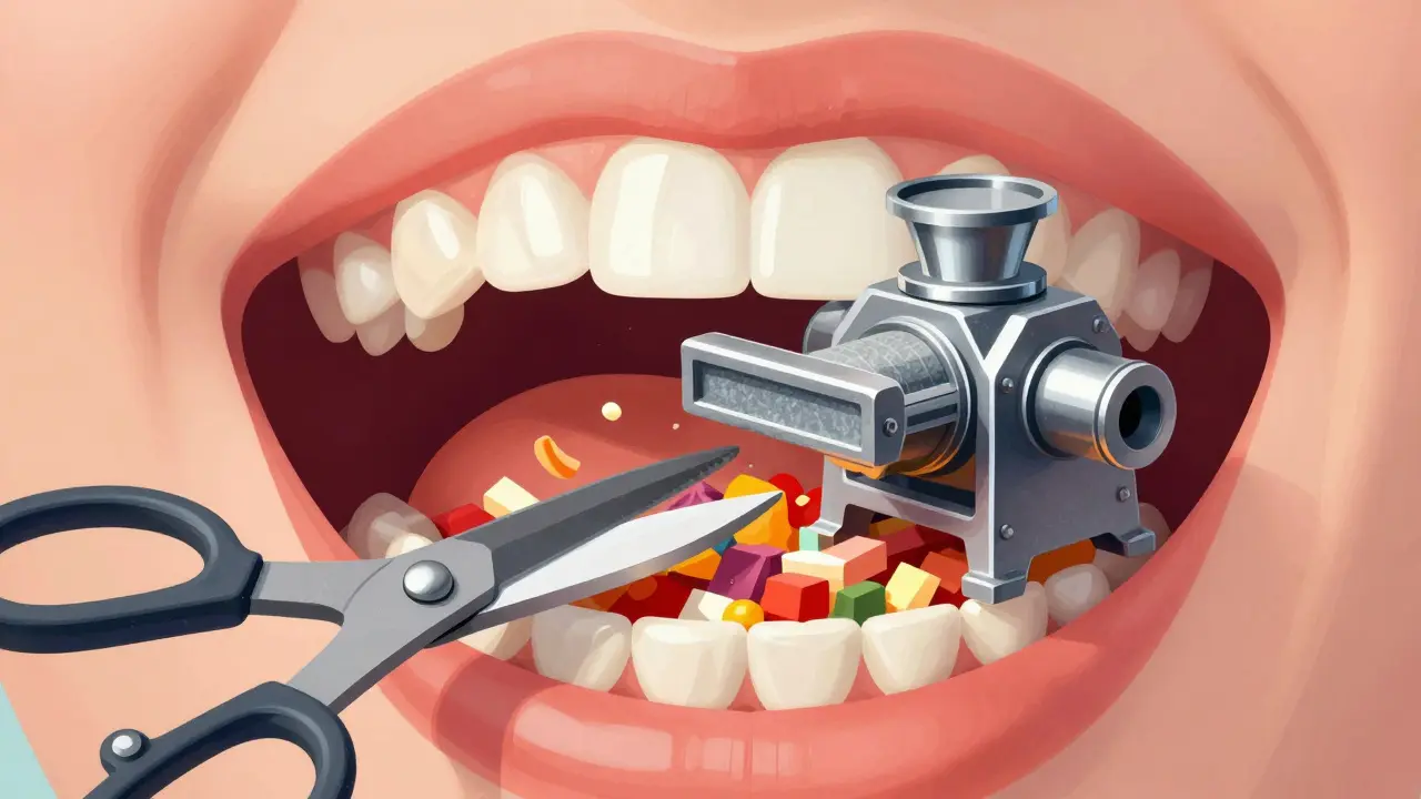 Konceptuální ilustrace úst jako továrny, kde stoličky fungují jako drtič.