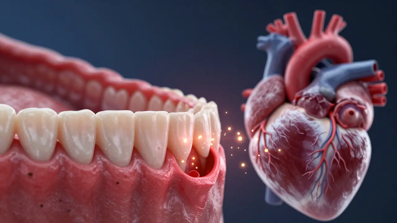 Konceptuální obraz znázornující cestu bakterií z dásní do krevního oběhu a k srdci.