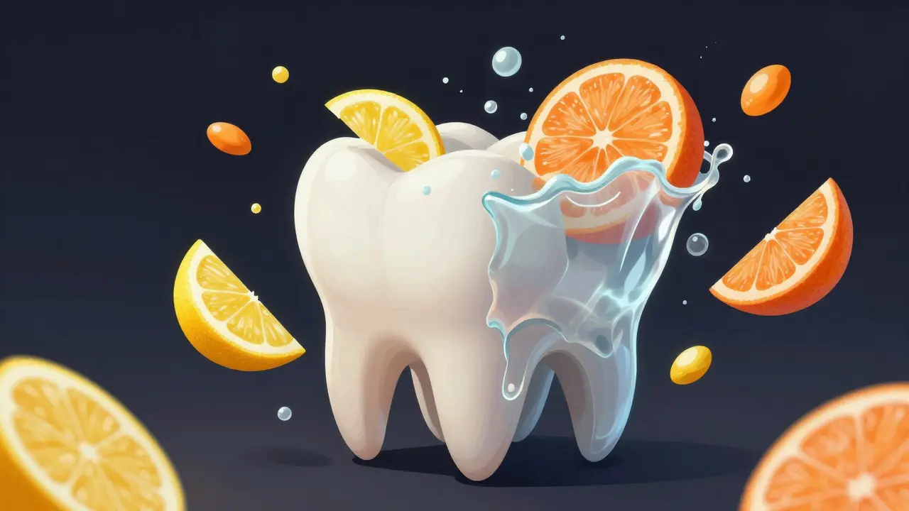 Konceptuální znázornění eroze zubní skloviny způsobené kyselinami