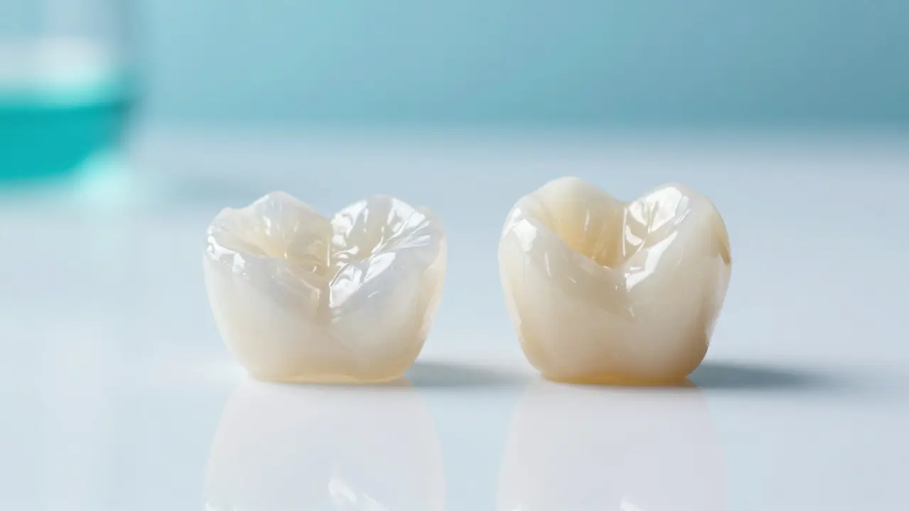 Konceptuální zobrazení keramického materiálu a kompozitní pryskyřice.