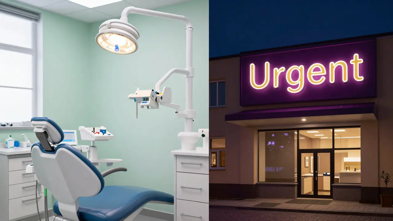 Konceptuální zobrazení rozdílu mezi běžnou a noční zubní pohotovostí.