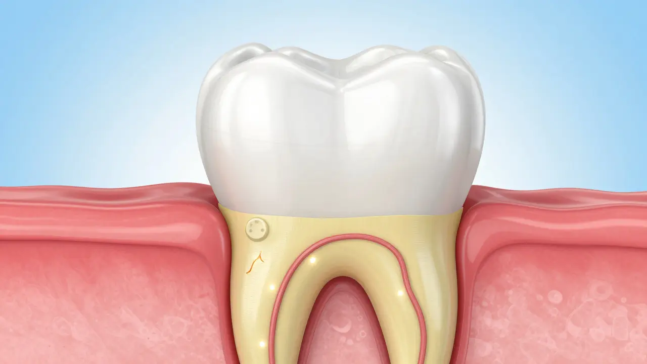 Kresba v řezu předního zuba znázorňující sklovinu a dentin.