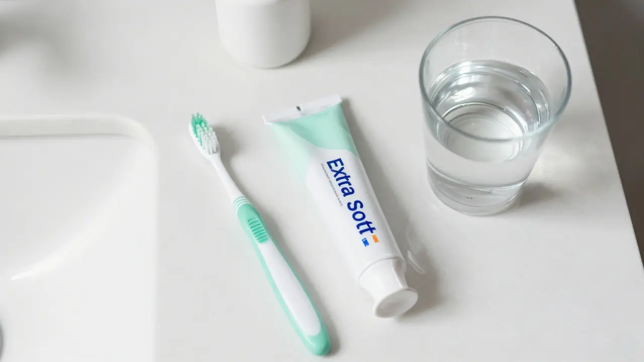 Měkký zubní kartáček a fluoridová pasta na bílém mramorovém povrchu.