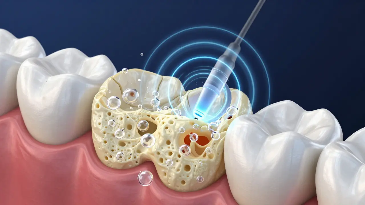 Mikroskopická znázornění procesu kavitace a rozbití zubního plaku ultrazvukem.