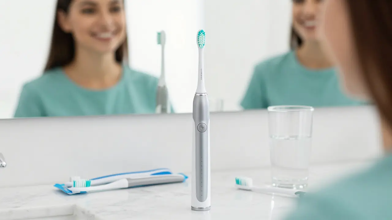 Moderní elektrický kartáček a mezizubní pomůcky na mramorové desce.