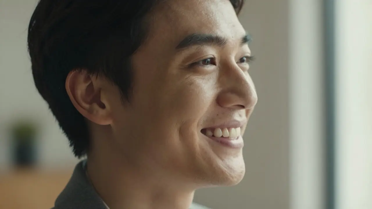 Portrét spokvalizovaného člověka s přirozeně vypadajícím úsměvem.