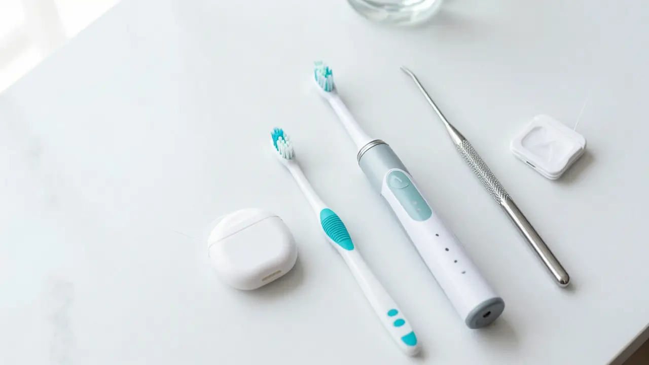 Sada pomůcek pro prevenci: elektrický kartáček, mezizubní kartáčky a dentální nit.