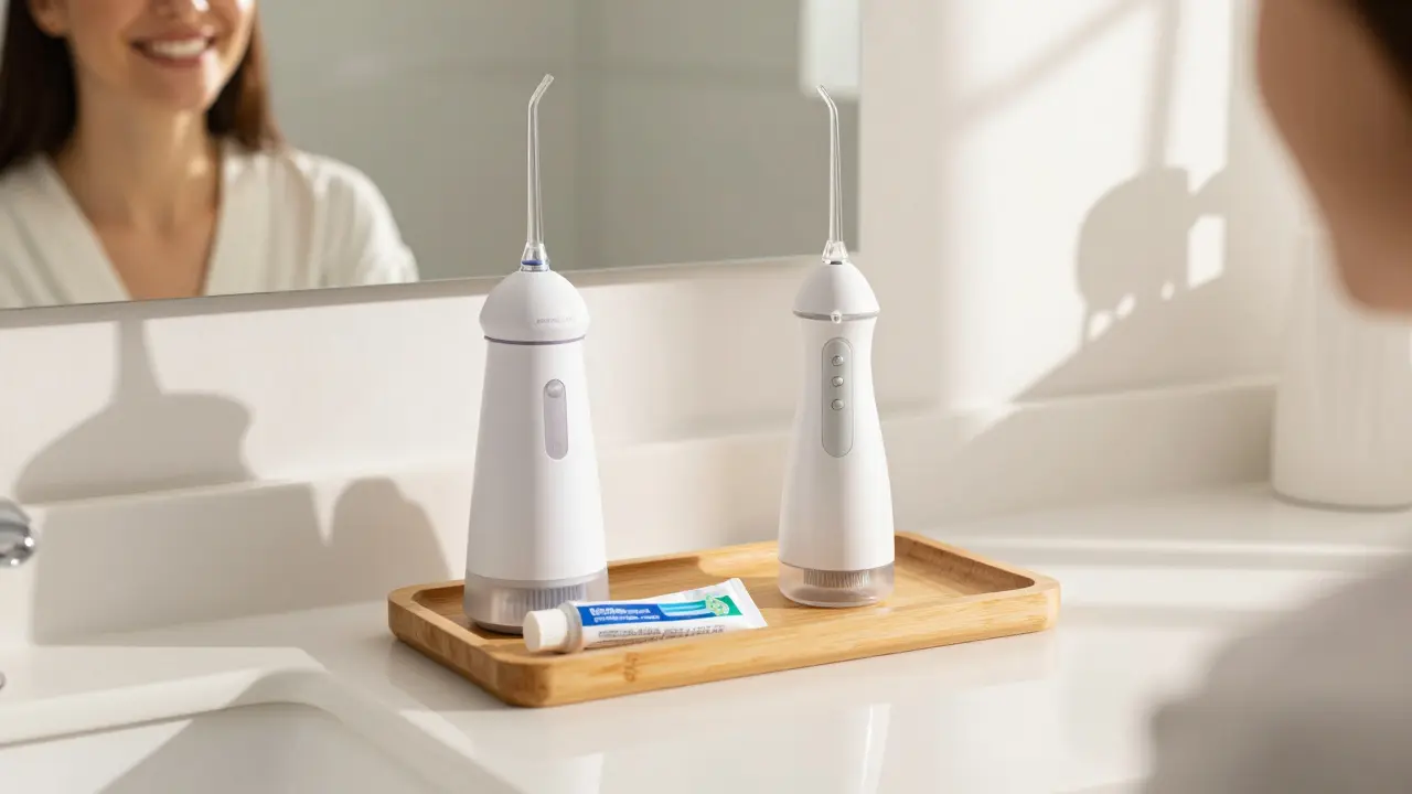 Sada pro komplexní péči o zuby zahrnující ultrasonický čistič a irigátor.