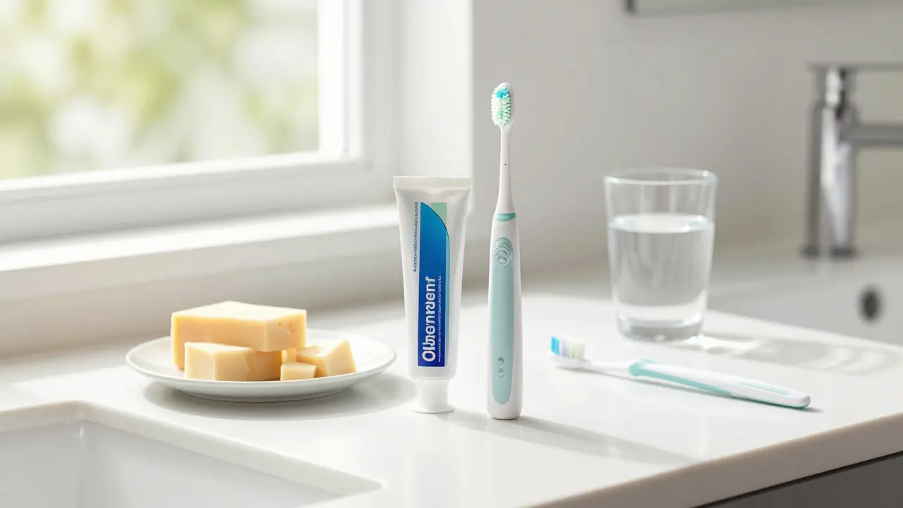 Sada pro ústní hygienu, sonický kartáček a zdravé potraviny.