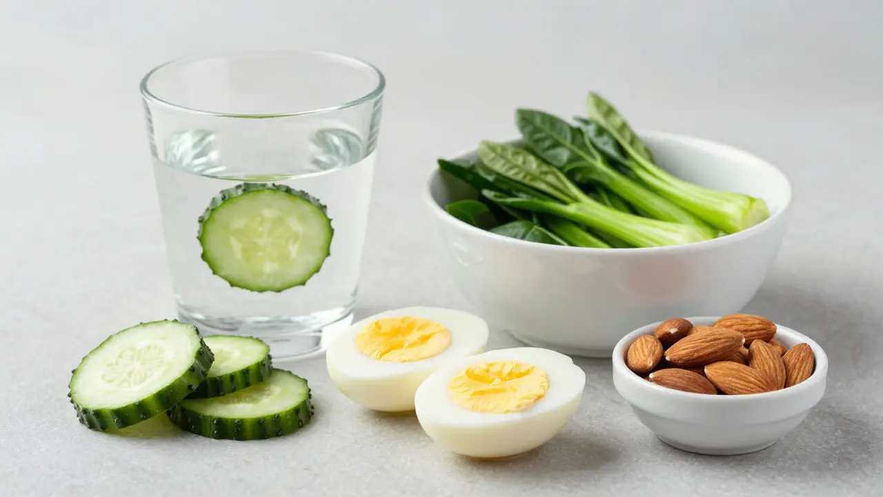 Sada šetrných potravin včetně okurkové vody a vařené zeleniny.