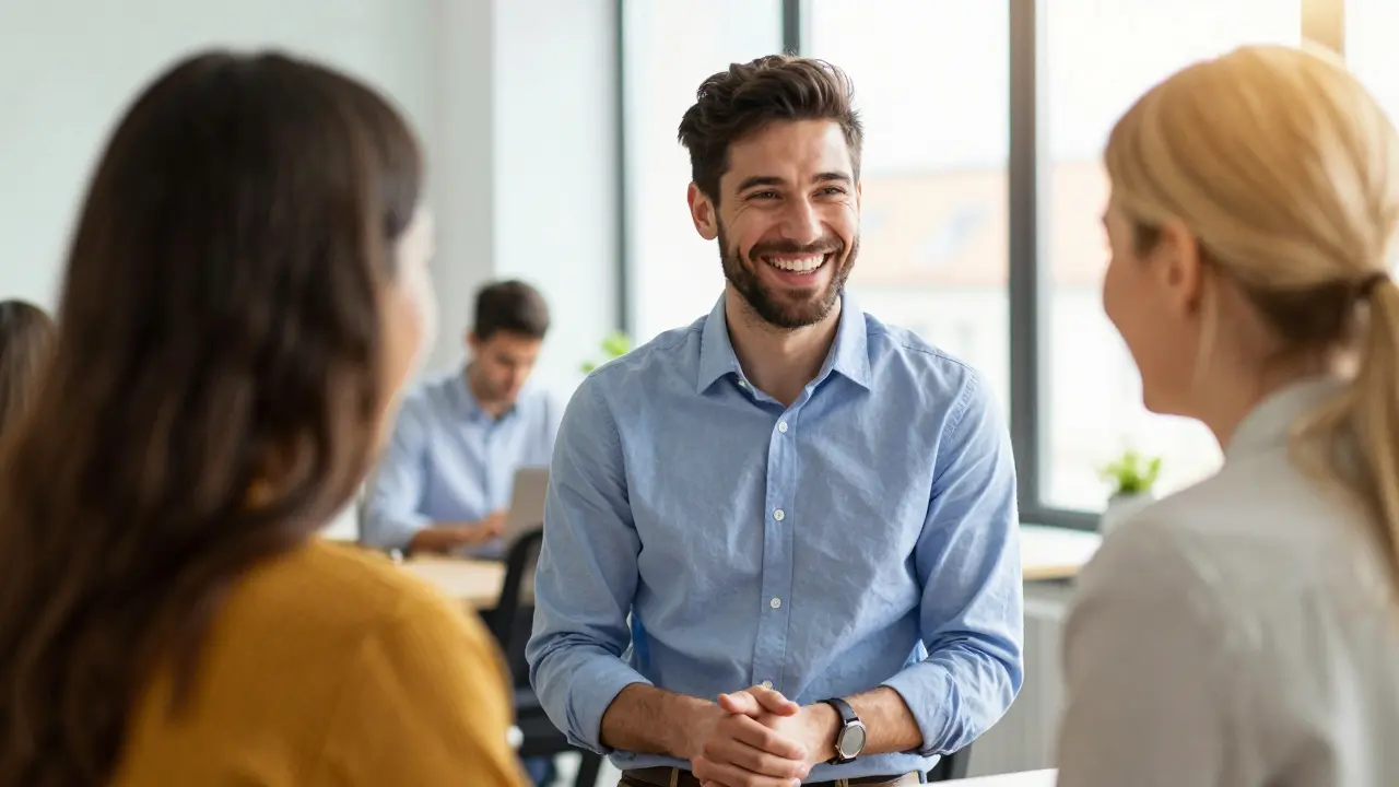 Sebevědomý profesionál se upřímně směje během konverzace v kanceláři.