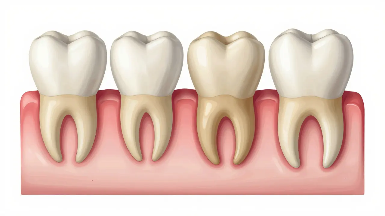 Srovnání různých tvarů a počtů kořenů u řezáků, klyků, premolárů a molárů.