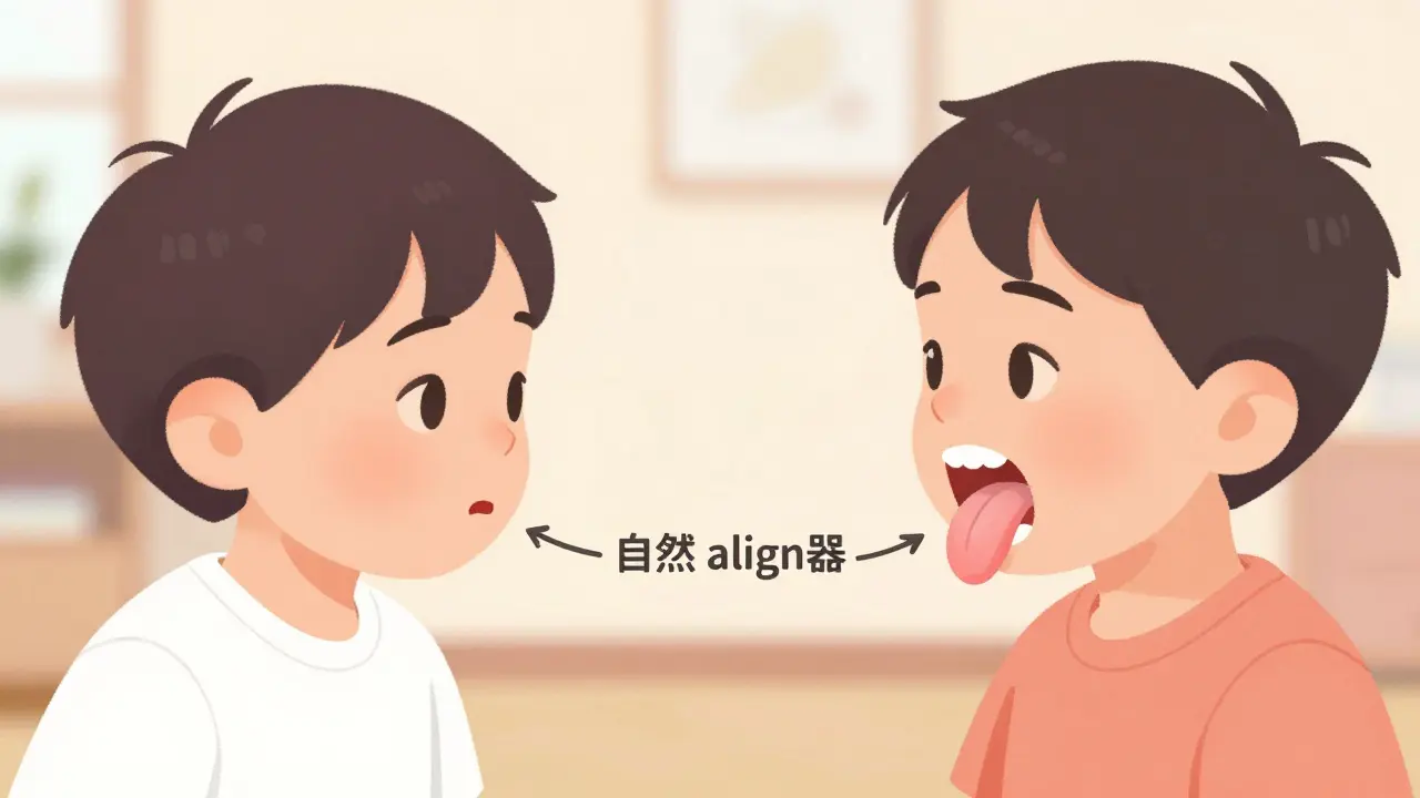 Srovnání správného nosového dýchání a dýchání ústy u dětí pro prevenci křivých zubů.