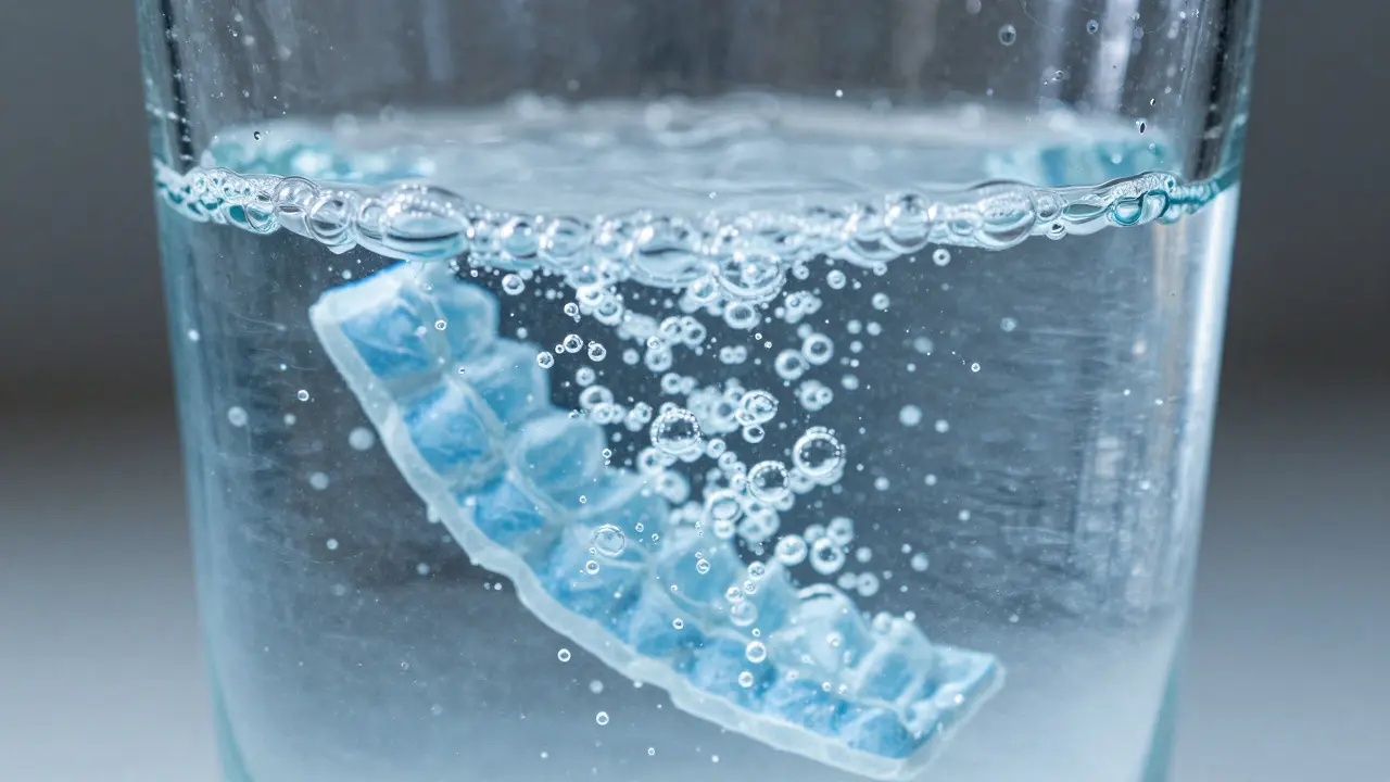 Šumivá čisticí tableta v procesu čištění zubní protézy v glasses