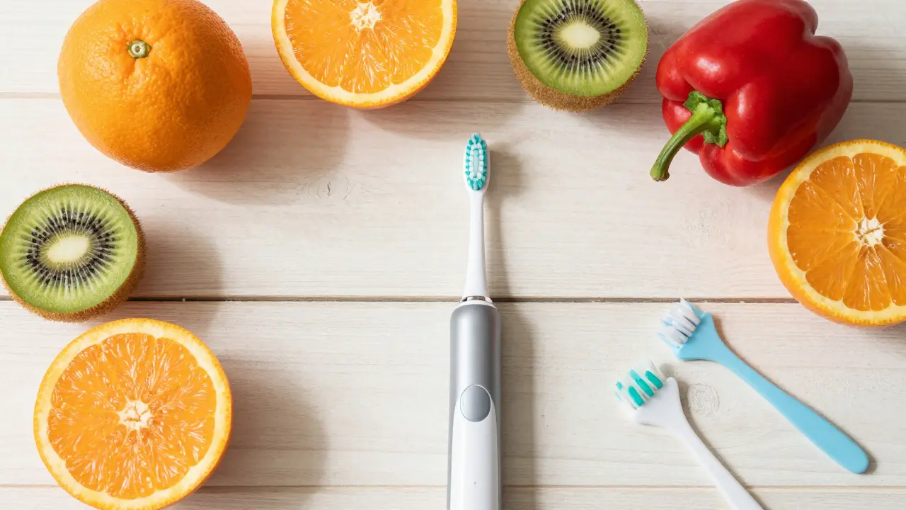 Zdravé jídlo a zubní nástroje na kuchyňském pultě.