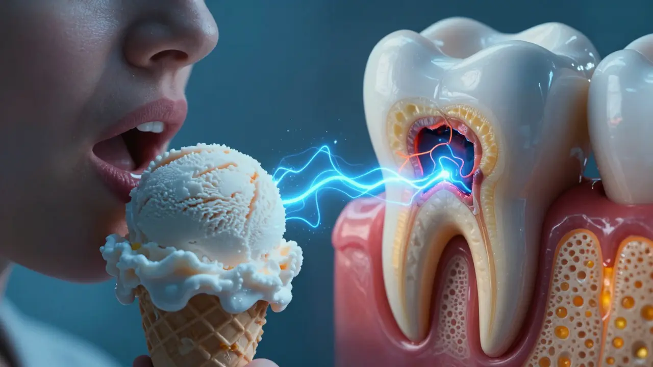 Zub citlivý na studené jídlo s kazem v dentinu
