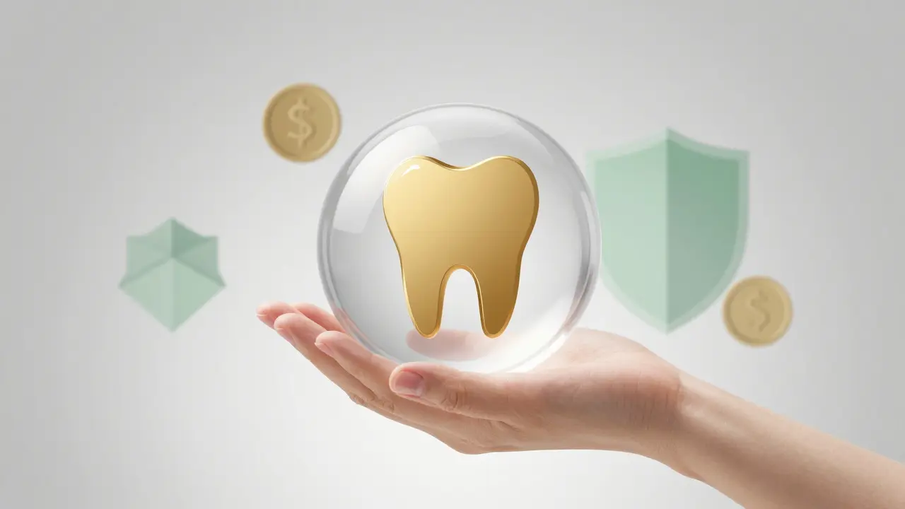 Abstraktní ilustrace zobrazující finanční dotace a transparentnost cen zubních implantátů.
