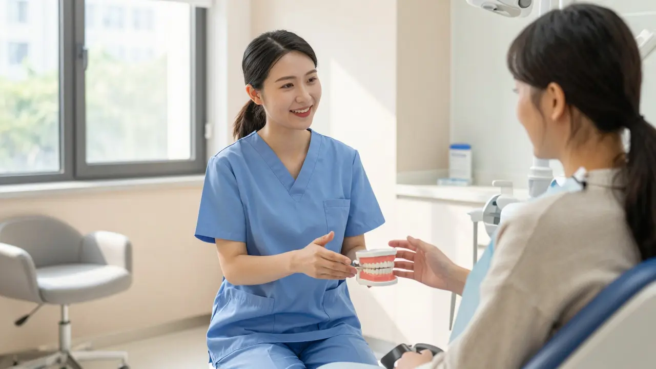 Dentální hygienička vysvětluje péči o zuby pacientovi