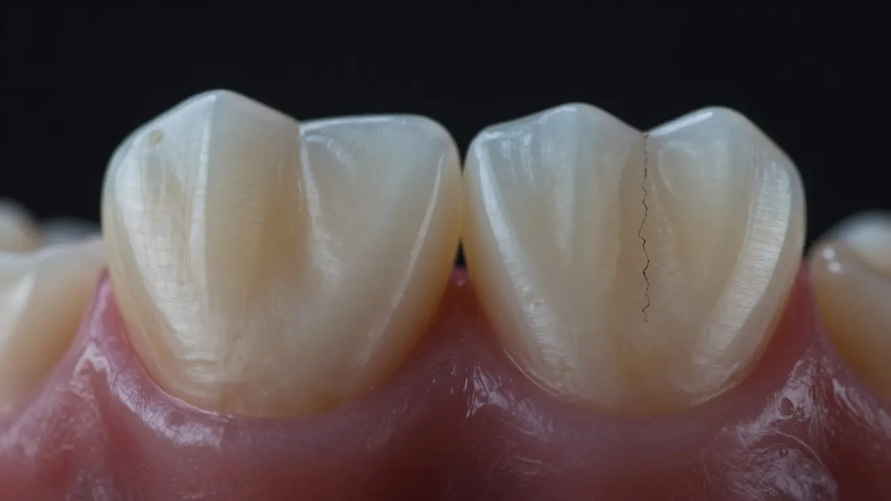Detailní záběr na keramickou korunku ukazující odolnost i známky opotřebení.