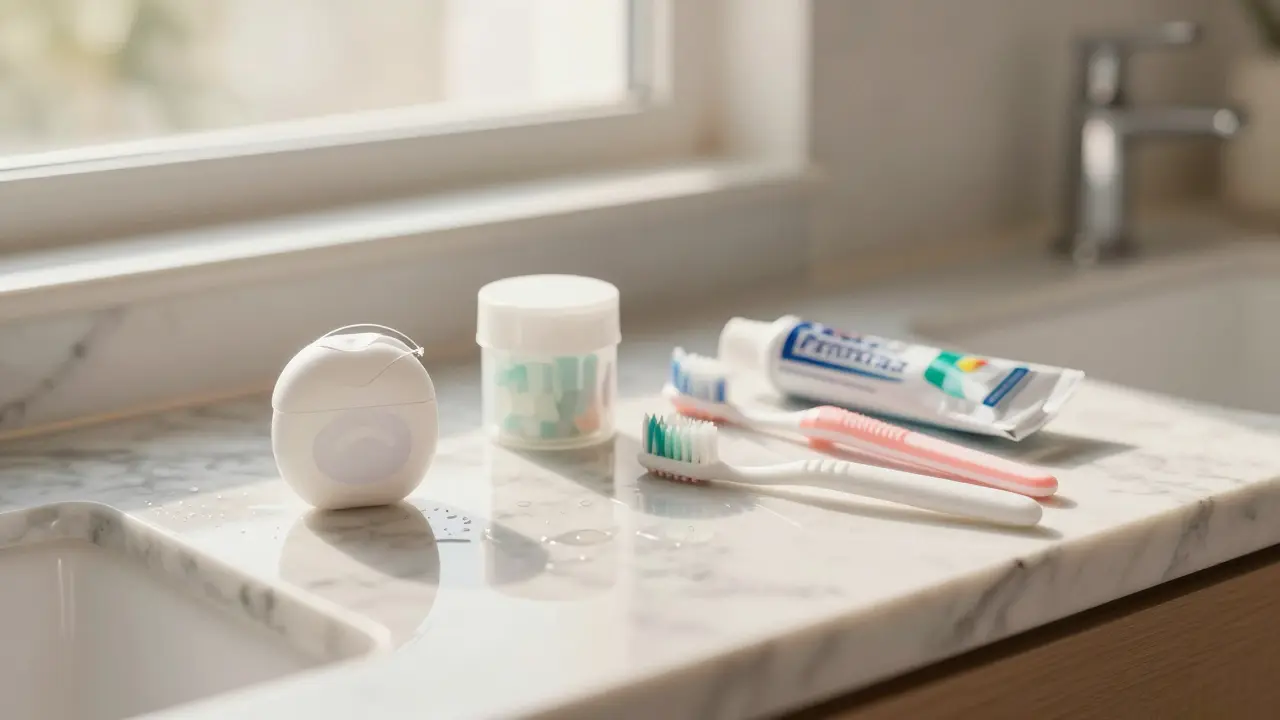 Hygienické pomůcky na pultu: nit, kartáčky a pasta