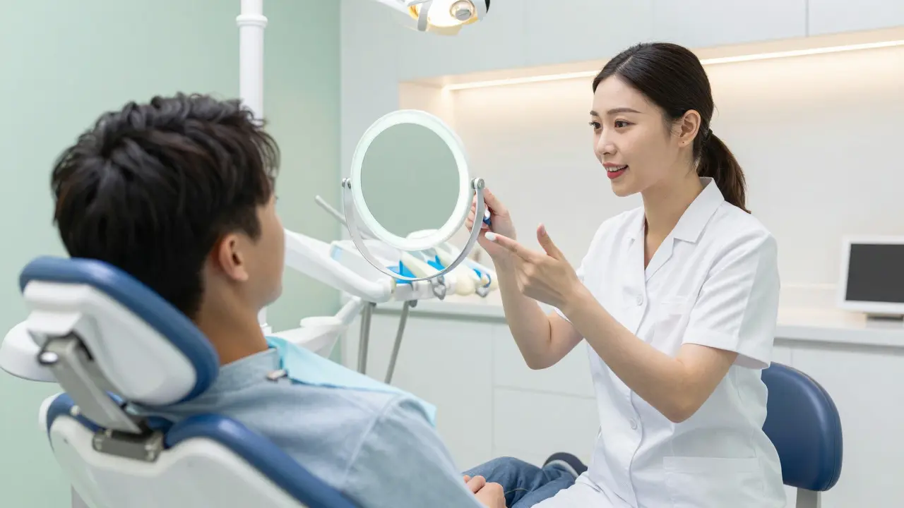 Hygienistka vysvětluje pacientovi správnou ústní hygienu