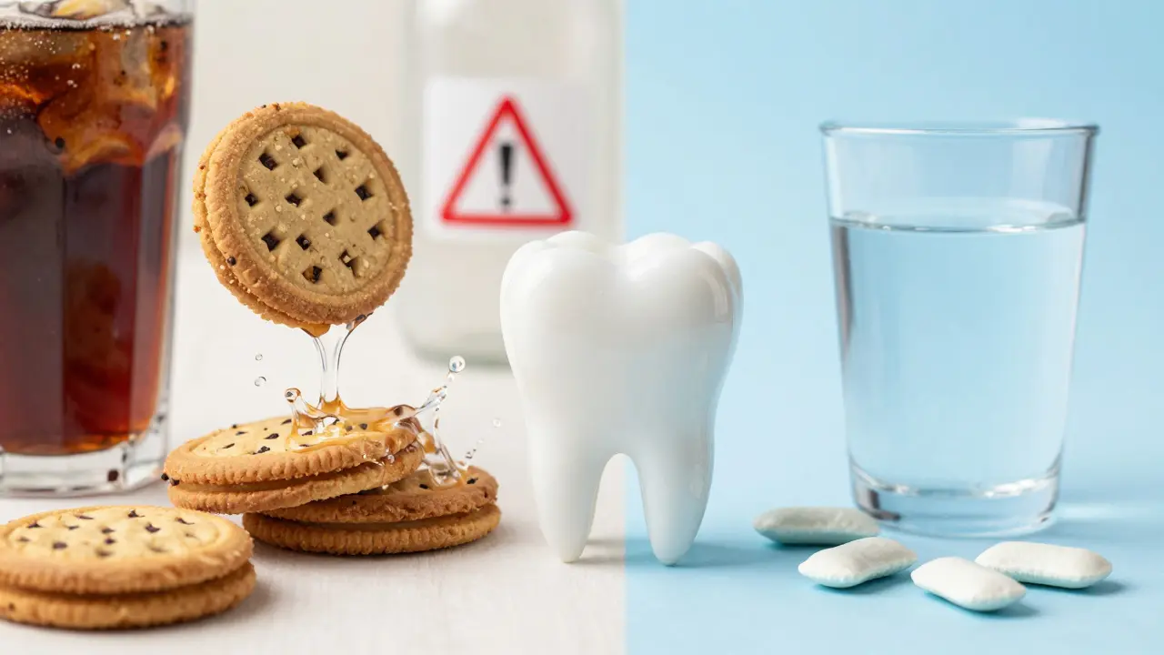 Kontrast mezi škodlivým cukrem a ochrannými účinky slin při prevenci kazu.