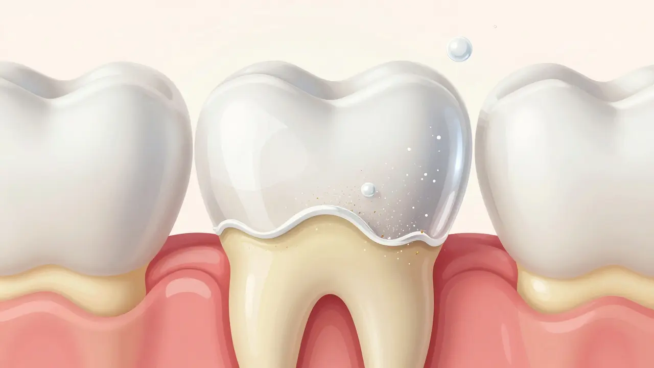 Makro pohled na strukturu zubu s tenkou sklovinou odhalující žlutý dentin