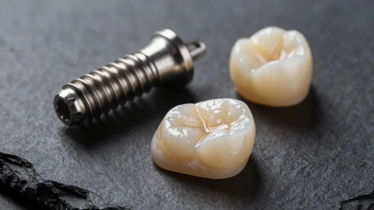 Makro záběr na prémiové materiály pro zubní implantáty: titanový šroubek a zirkoniovou korunku.