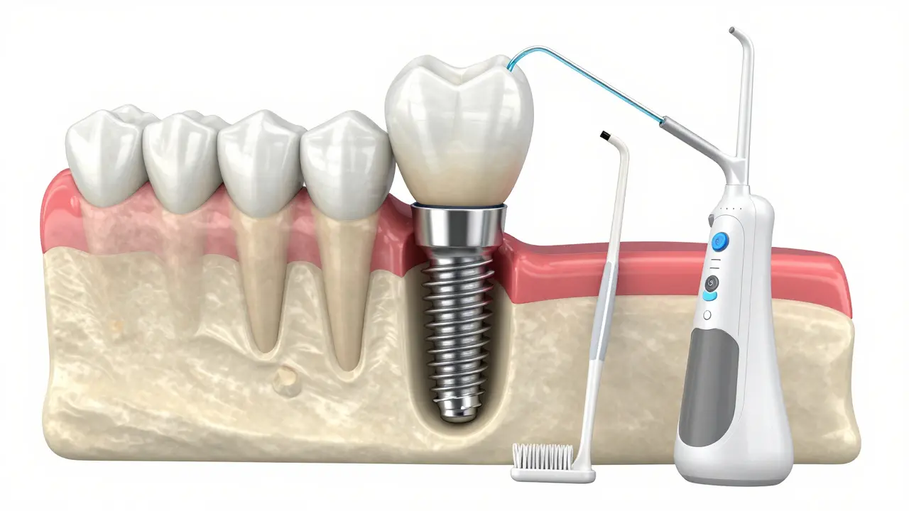 Schéma zubního implantátu v kosti s hygienickými pomůckami kolem.