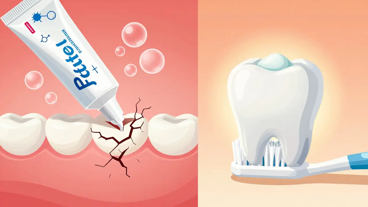 Srovnání škodlivého bělení a bezpečné fluoridové péče o zuby
