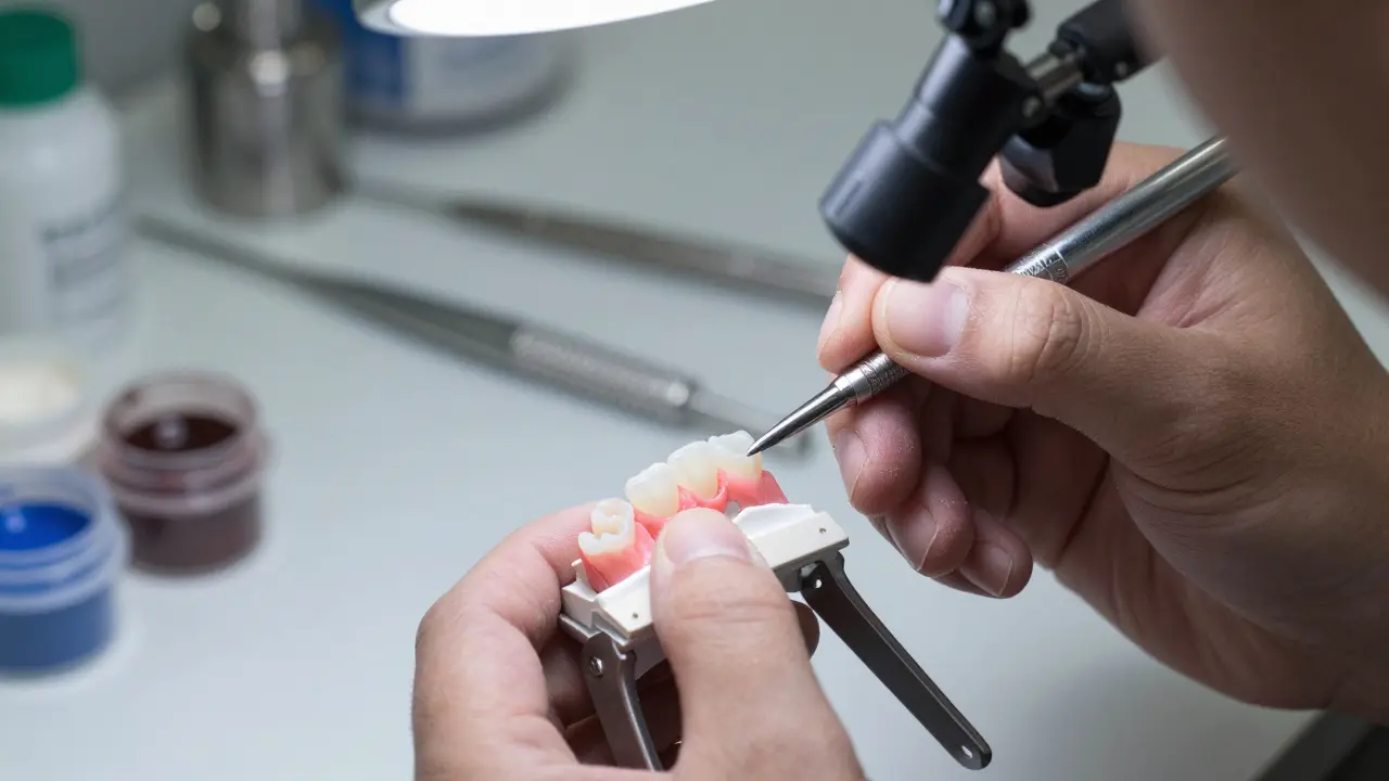 Technik ručně maluje keramickou fazetu v zubní laboratoři