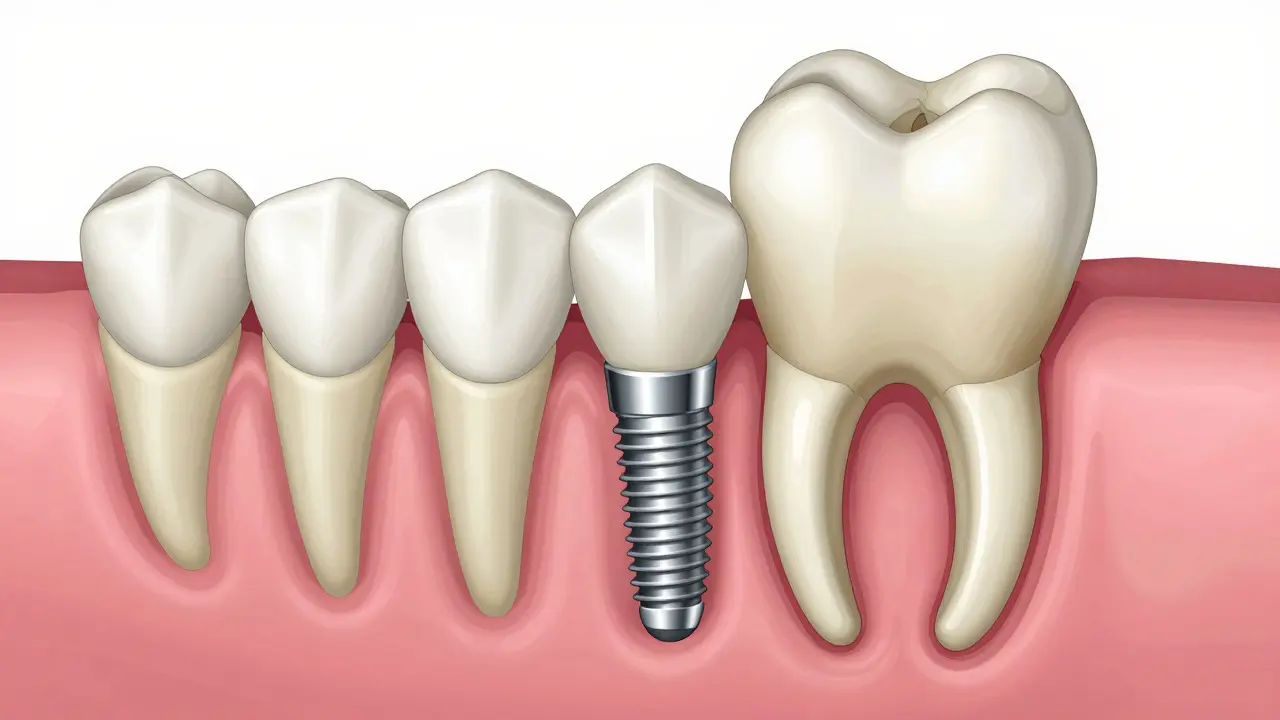 Anatomický průřez zobrazující zubní implantát a zachování kosti