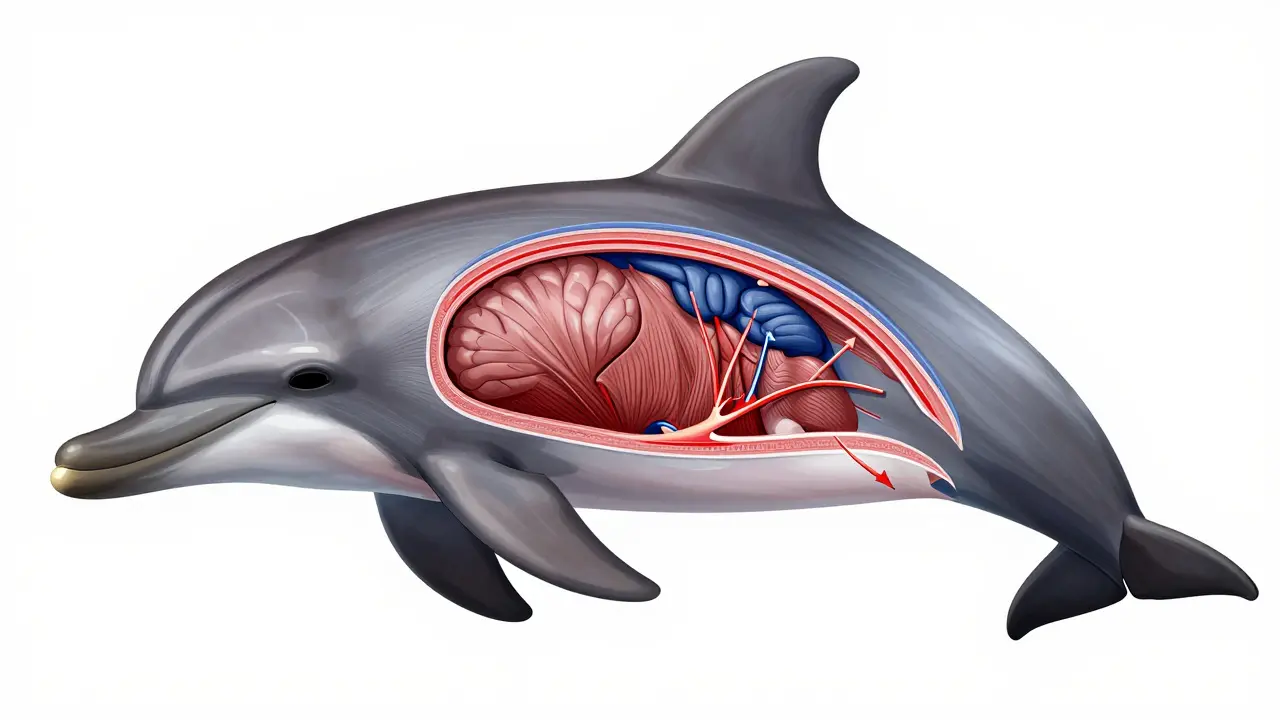 Anatomický řez delfína ukazující plíce, svaly a cirkulaci při ponoru