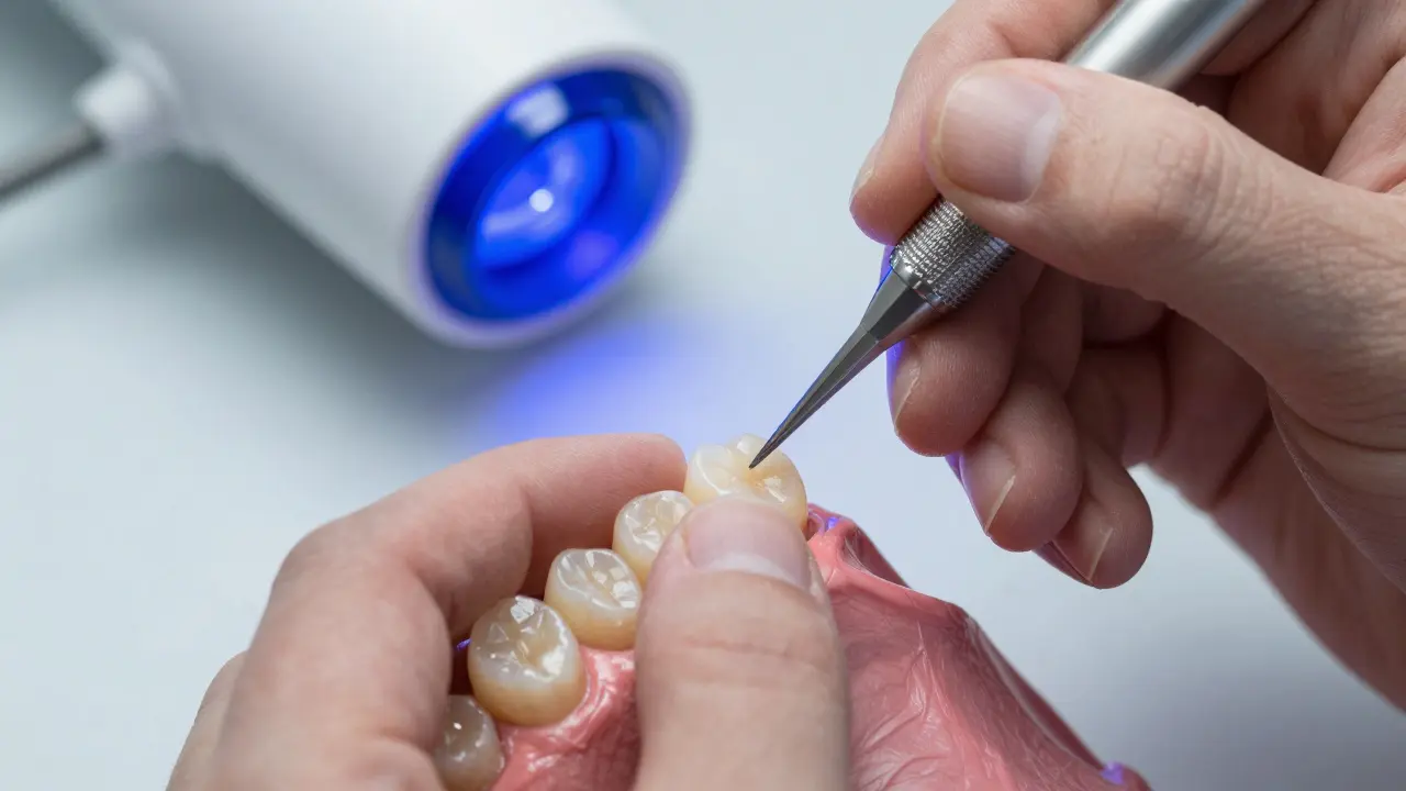 Dentista aplikuje kompozitní výplň na zub nástrojem