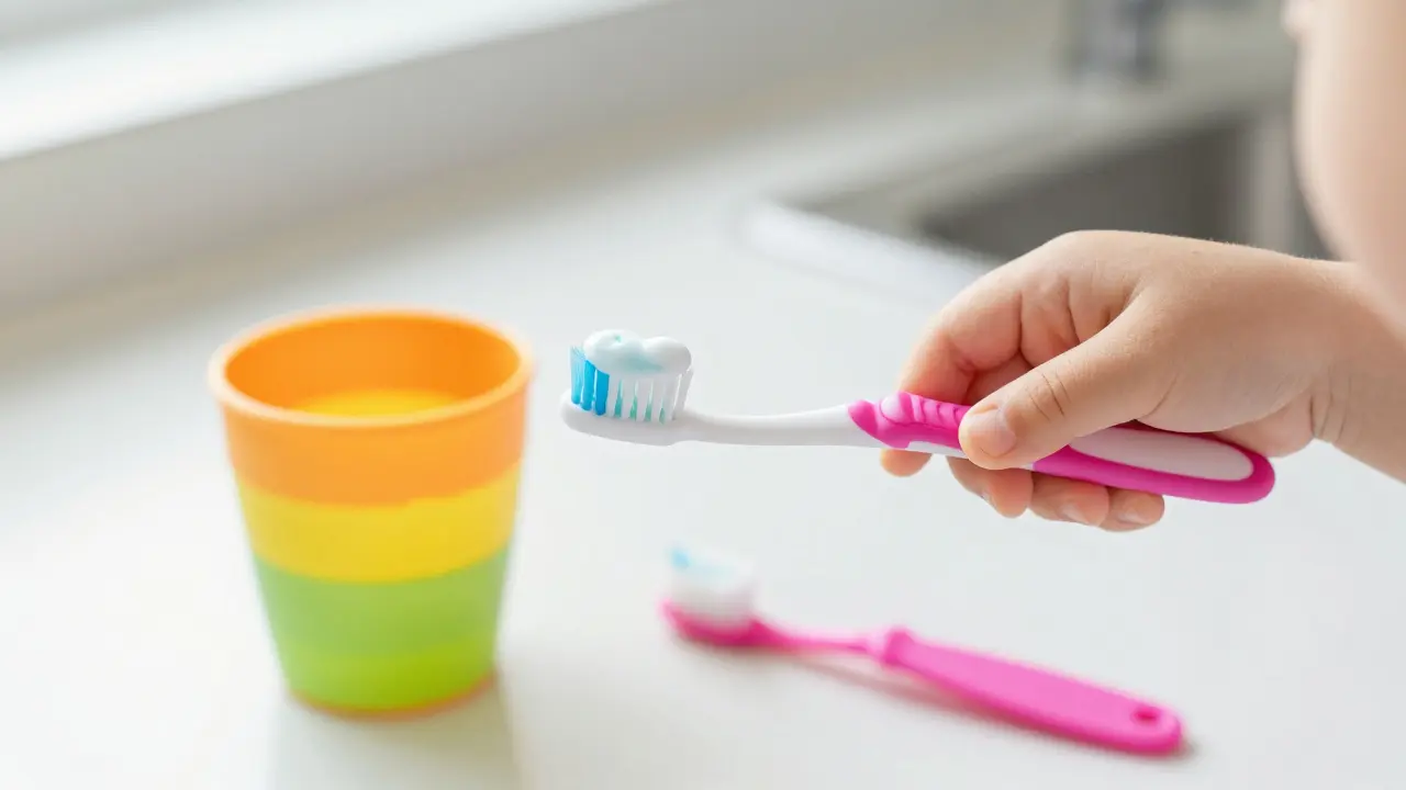 Dětská ruka drží malý kartáček s hráškovou velikostí fluoridové pasty
