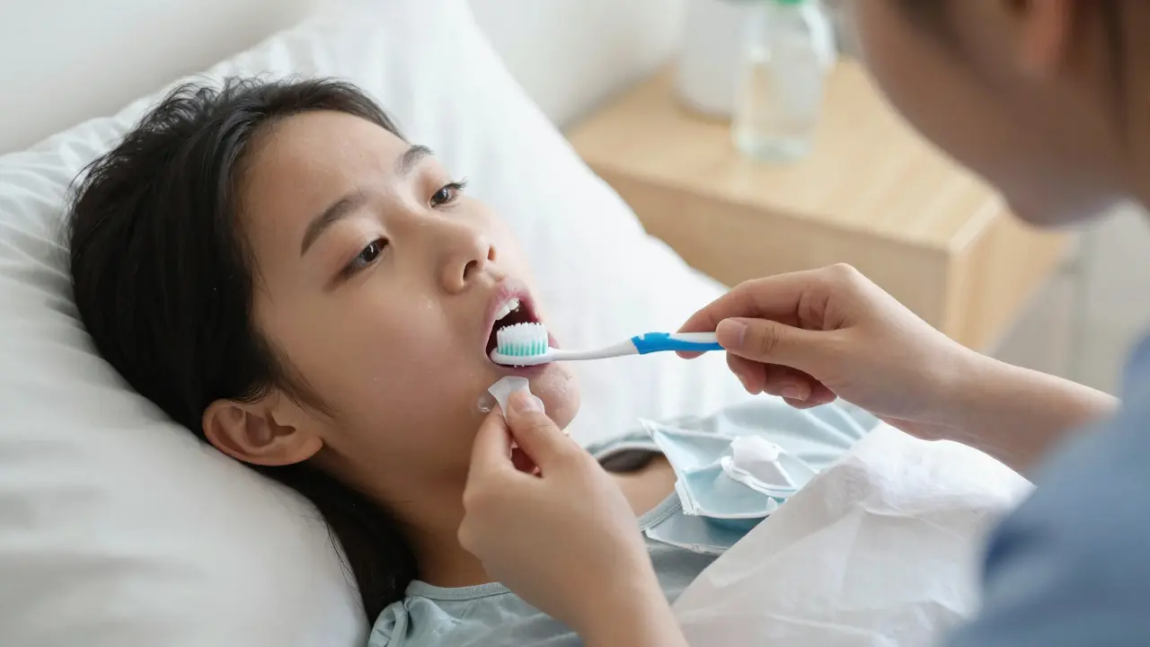 Ošetřovatel pomáhá pacientovi s ústní hygienou v posteli