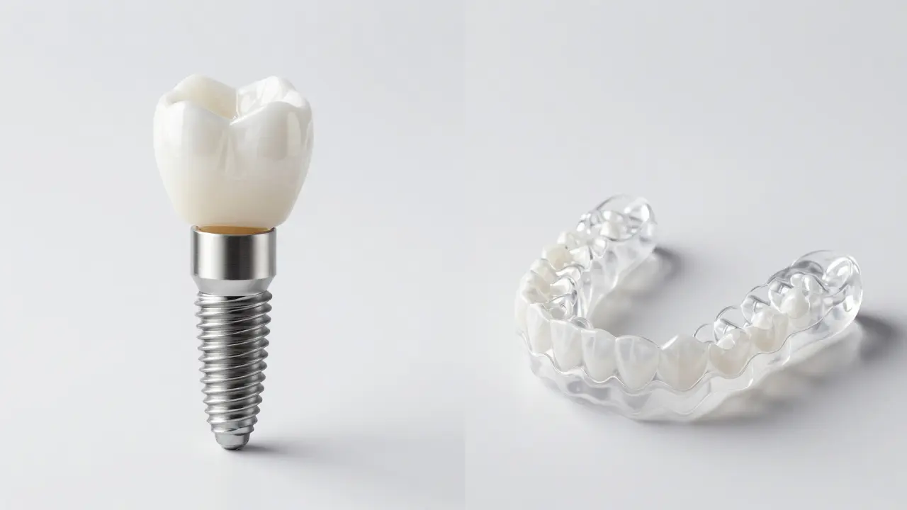 Srovnání zubního implantátu a transparentních náhradníků