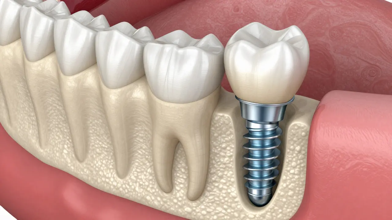 3D ilustrace zubního implantátu integrovaného v čelistní kosti s korunou