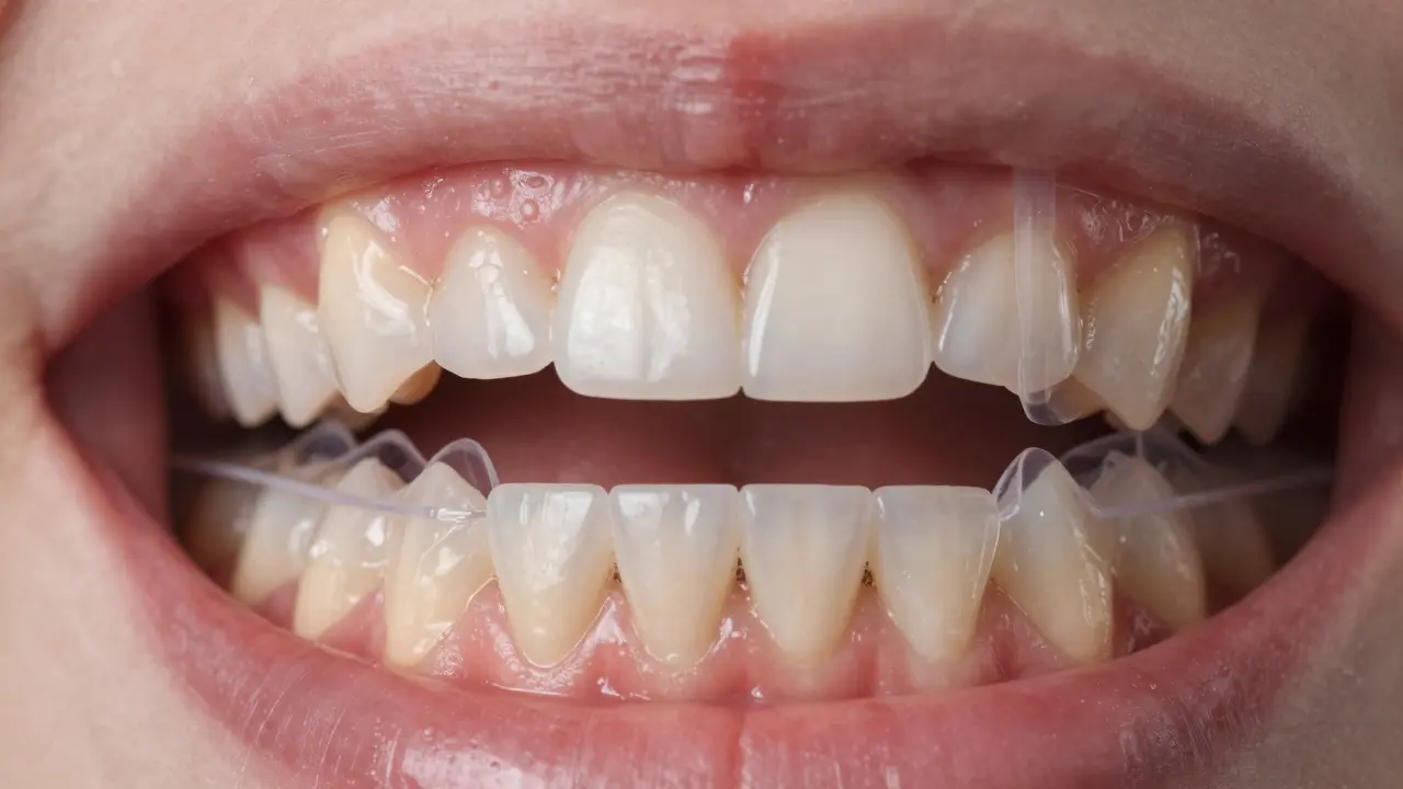 Detailní záběr nasazeného rovnátka na zubech s důrazem na tlak