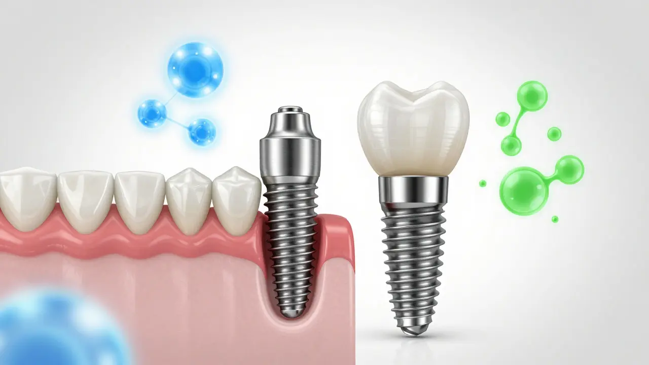 Ilustrace titanového a keramického zubního implantátu v kosti.