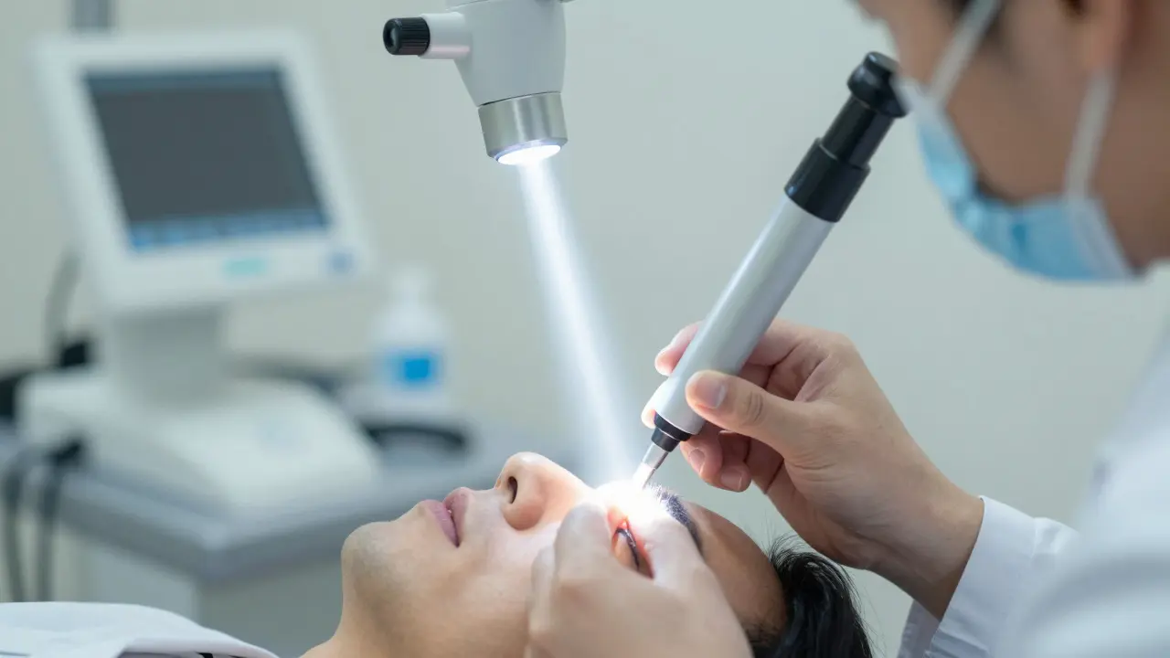 Lékař provádí endoskopické vyšetření nosu pro diagnostiku