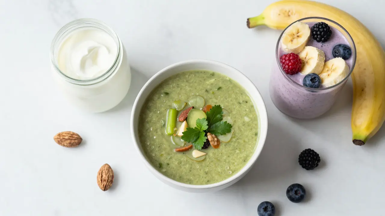 Miska studené polévky, jogurt a smoothie na mramoru
