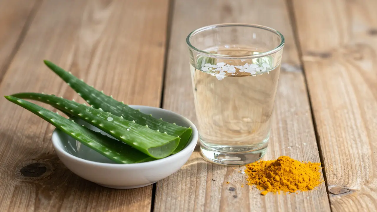 Sklenice solného roztoku s aloe verou a kurkumou