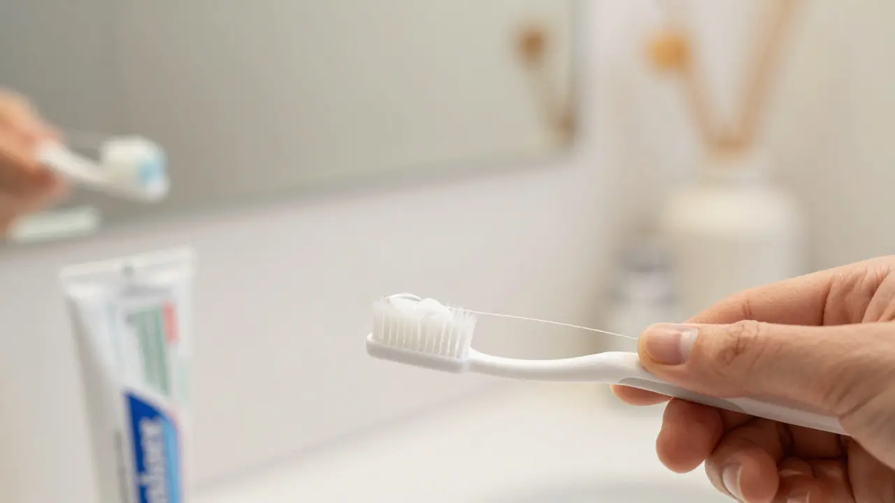 Zubní kartáček a nit pro čištění zubů v koupelně při ranní hygieně
