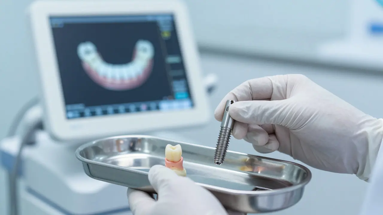 Zubní lékař drží titanový implantát a keramickou korunku před CT skenerem