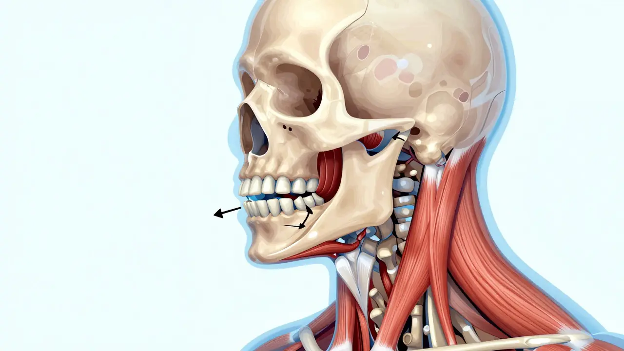 Anatomická ilustrace čelistního kloubu a žvýkacích svalů při pohybu