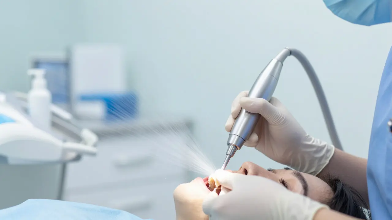 Dentální hygienistka čistí zuby ultrazvukovým scalrem