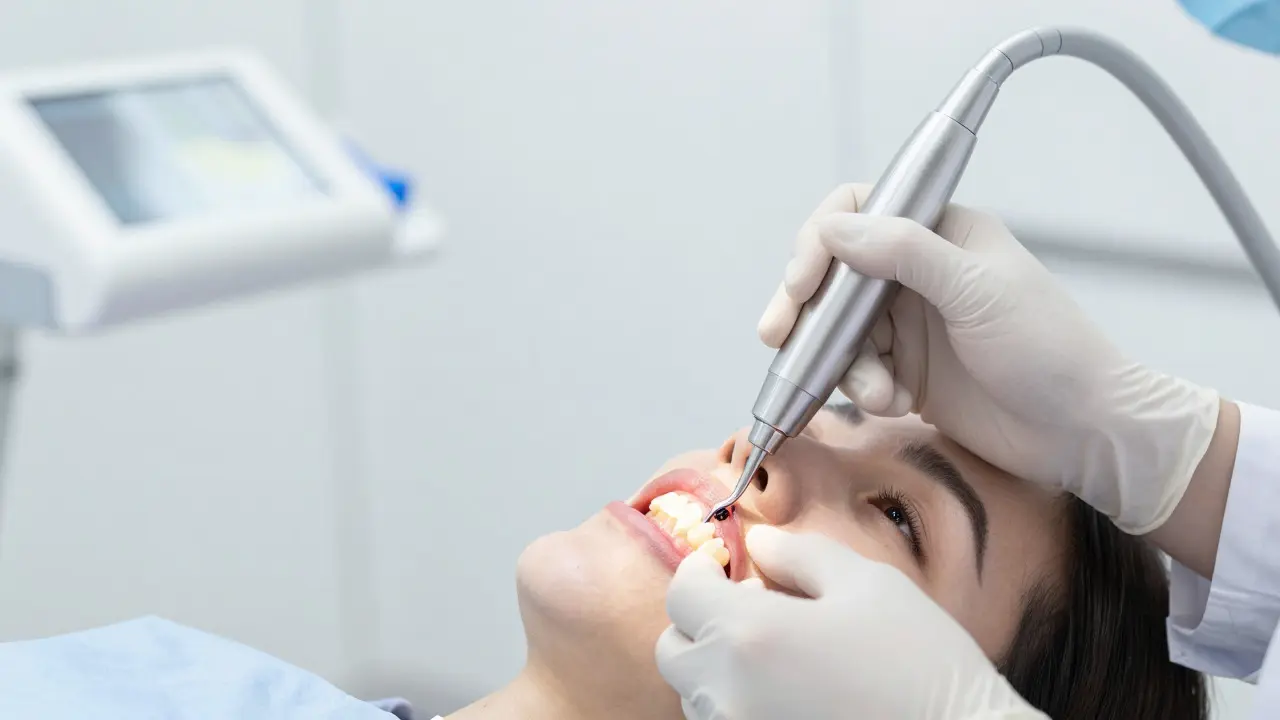 Dentist using an ultrasonic scaler to remove tartar from a tooth