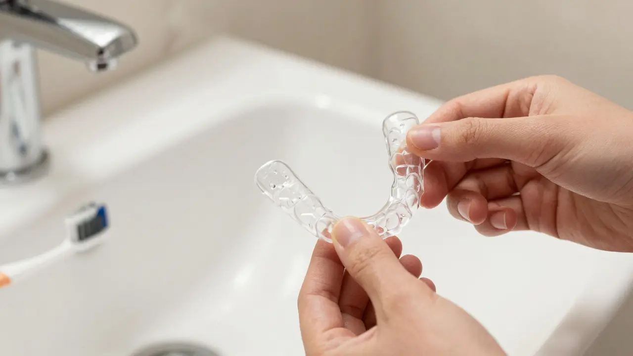 Hands holding a clear aligner tray next to a toothbrush