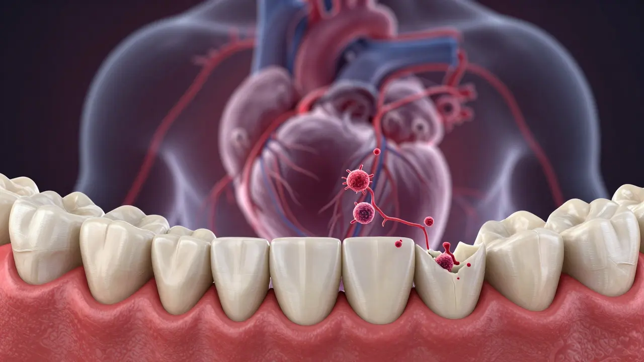 Illustration linking gum disease to heart health via bacteria